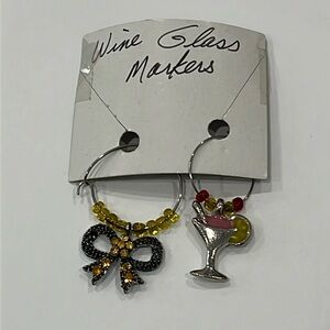 Wine Glass Markers Yellow Rhinestone Bow Cocktail Silver Tone Set of 2 OS